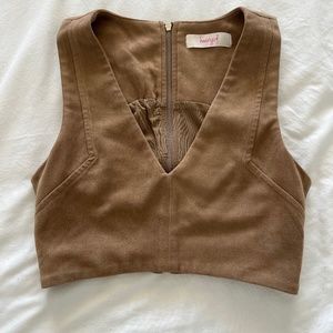 Suede Brown Zip-Up Crop Top